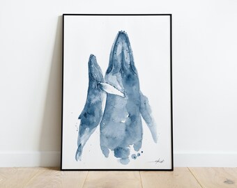 Humpback whale with calf watercolor Akris