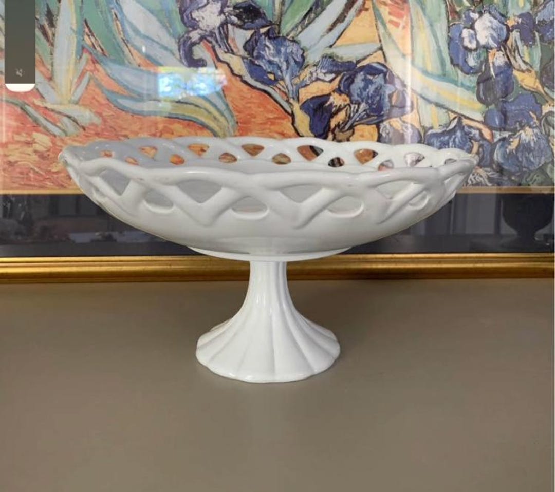 White Milk Glass Woven Lattice Pedestal Bowl Footed Compote Fruit ...