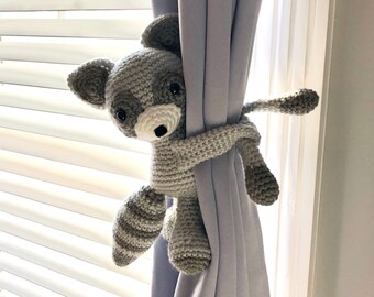 Raccoon Curtain Tie Backs, Raccoon, Crochet Raccoon, Woodland Nursery, Nursery Curtain Tiebacks, Amigurumi Raccoon, Nursery Decor, Baby Show