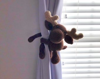 Curtain Tie Backs, Crochet Moose Tiebacks, Nursery Curtain Tie Backs, Woodland Nursery, Moose, Amigurumi, Baby Shower Gift, Nursery Decor