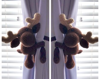 Curtain Tie Backs, Crochet Moose Tiebacks, Nursery Curtain Tie Backs, Woodland Nursery, Moose, Amigurumi, Baby Shower Gift, Nursery Decor