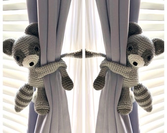 Raccoon Curtain Tie Backs, Raccoon, Crochet Raccoon, Woodland Nursery, Nursery Curtain Tiebacks, Amigurumi Raccoon, Nursery Decor, Baby Show