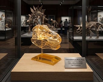 T-Rex Skull Replica Fossil with Stand, Translucent Clear Resin Dinosaur Model, Yellow Crystal Desk Decor, Science Gift