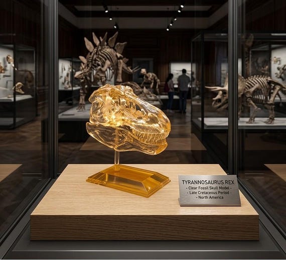 T-Rex Skull Replica Fossil with Stand, Translucent Clear Resin Dinosaur Model, Yellow Crystal Desk Decor, Science Gift