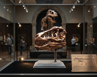Copper T-Rex Skull Replica Fossil, Metallic Dinosaur Statue with Stand, Antique Finish Prehistoric Desk Decor, Dino Gift