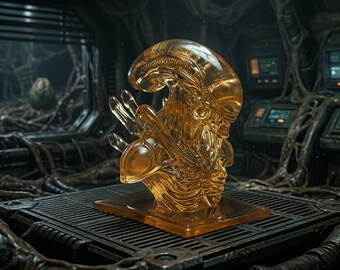 Alien Xenomorph Head Bust Statue, Clear Resin Translucent Movie Prop Display, Yellow Crystal Sci-Fi Creature Art, Gift
