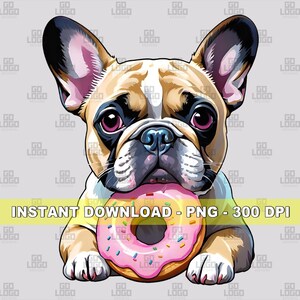 May include: A French bulldog with brown and white fur is holding a pink and white donut with sprinkles in its mouth. The dog is looking at the camera.