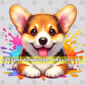 Corgis Hund PNG, sofortiger Download, digitale Sublimationsdatei, süße Welpen Clipart, bunte Aquarellmalerei, druckbare transparente Design