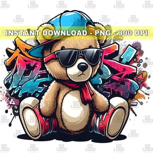 ヒップホップ テディベア PNG、即時ダウンロード、デジタル昇華ファイル、ミュージック グラフィティ ストリート アート、クールな男の子、印刷可能な透明デザイン