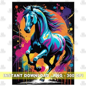 HORSE GRAFFITI PNG、即時ダウンロード、デジタル昇華デザイン、カラフルなネオン、ストリートアート、アーバングラフィック、トレンディなギフト、Tシャツマグデザイン