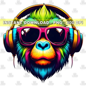 Lustige AFFE DJ PNG, sofortiger Download, digitale Sublimationsdatei, Sonnenbrille Kopfhörer Musik, coole Hip Hop Kunst, druckbares transparentes Design