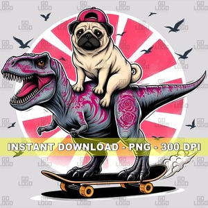 May include: A pink and gray Tyrannosaurus Rex dinosaur wearing a red hat and riding a skateboard with a pug dog on its back. The dinosaur and pug are in front of a red and white sunburst background.