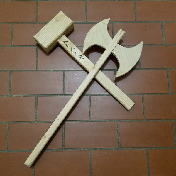 Children's Wooden Toys - Thor's Hammer / Battle Axe / Broad Axe