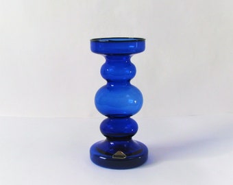 Vintage West German Blue Hooped Glass Candleholder / Vase by Ingrid Glashütte IG w. Original Label