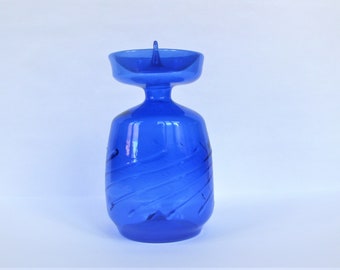 Vintage Blauer Glas Kerzenhalter Mundgeblasen handgeformt von LAUSCHA