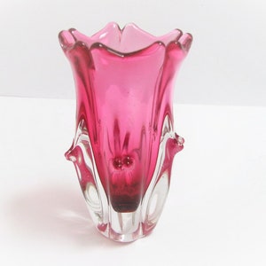 Vintage Sommerso Vase Flower Shape Mid Century Modern Pink on Clear Glass LR Czechoslovakia Bohemian Glass image 1