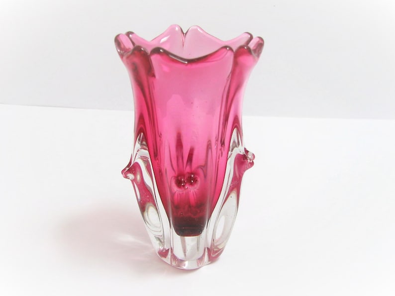 Vintage Sommerso Vase Flower Shape Mid Century Modern Pink on Clear Glass LR Czechoslovakia Bohemian Glass image 1