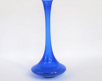 LAUSCHA Vintage East German Blue Glass Solifleur / Stem Vase Mouth Blown Handformed GDR