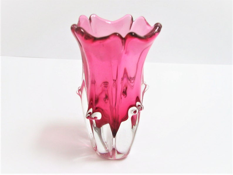Vintage Sommerso Vase Flower Shape Mid Century Modern Pink on Clear Glass LR Czechoslovakia Bohemian Glass image 2