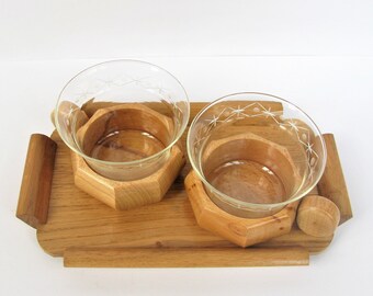 Set of 2 x Tea Glass / Cup Wooden Tray German Vintage MCM