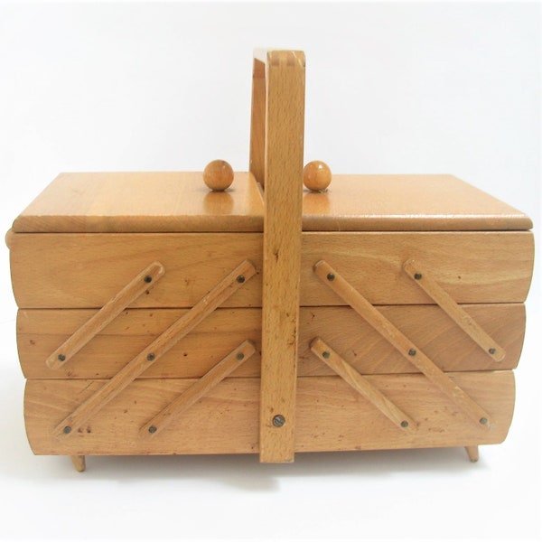 Large German Vintage Expandable Wooden Tailor Box / Sewing Basket