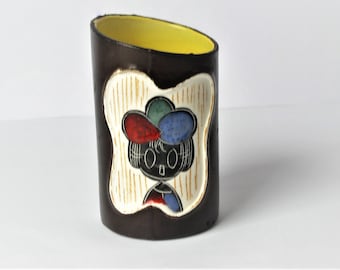 Vintage Italian Modernist Ceramic Vase Leather Wrapped Hand Painted