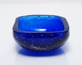 Vintage Italian Bullicante Glass Bowl / Ashtray Retro Glass with Bubbles Deep Blue