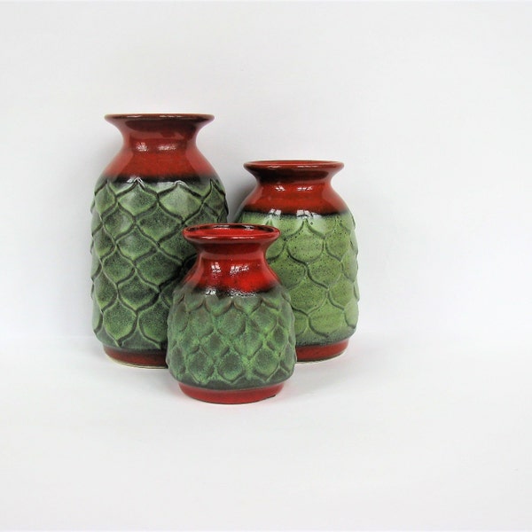 Vintage West German Ceramic Vase by JASBA NO 3311 Pinecone Decor Set of 3 Red - Orange and Green