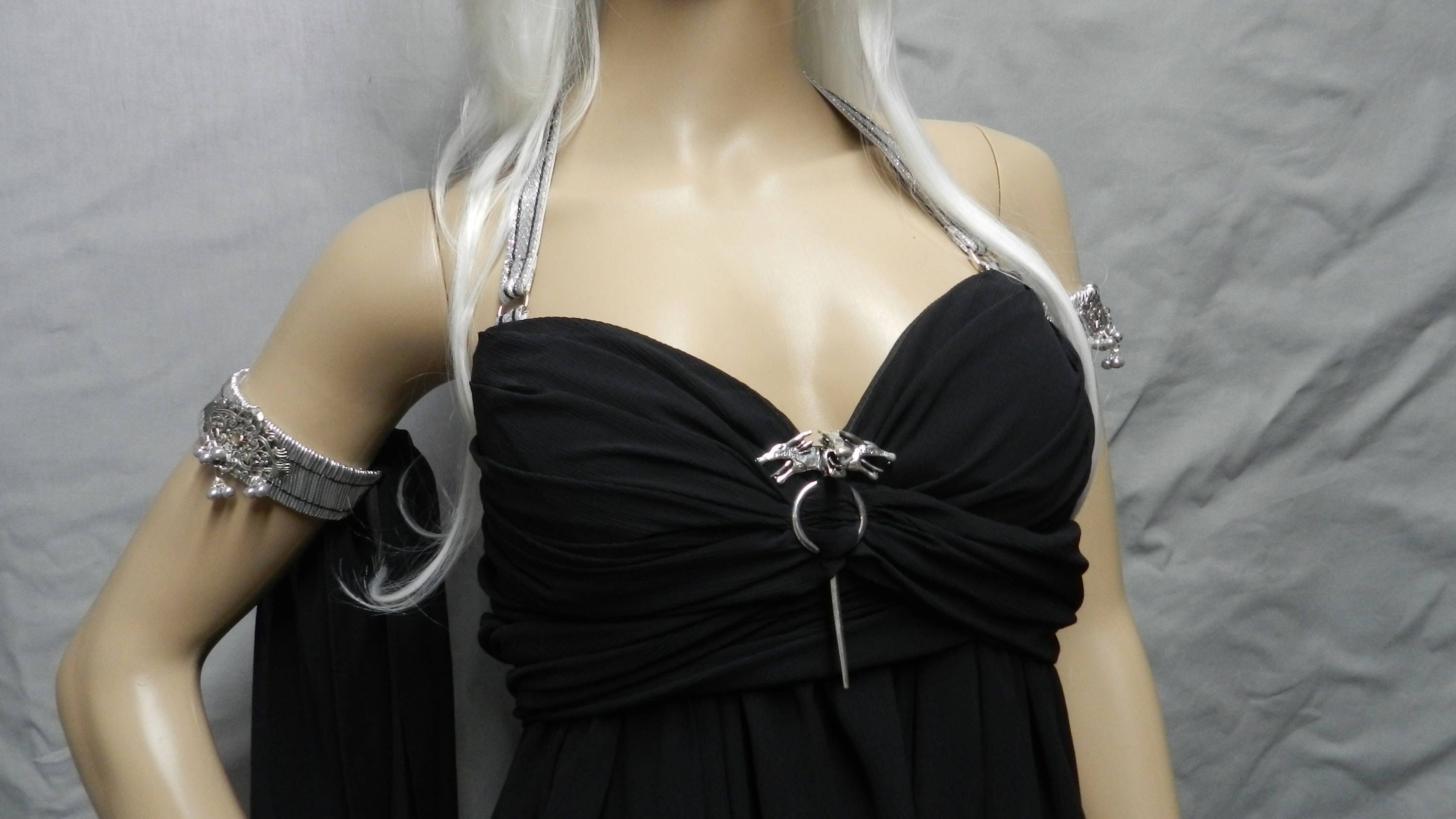 game of thrones halter dress Black Version! Inspired by Daenerys' Wedding Dress. Made to Measure, Crackled Chiffon, Including the Dragon Brooch global-style-Losanna