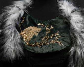 Inspired by Sansa Stark's green velvet dress and embroidered wolf, shoulder fur and cape, season 6, custom-made!