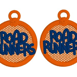 May include: Two orange and blue round ornaments with the text "ROAD RUNNERS" in blue.