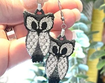 Curious Owl Freestanding Lace Earring Design File for Machine Embroidery  - Digital Download - Machine Embroidery Designs - In the Hoop