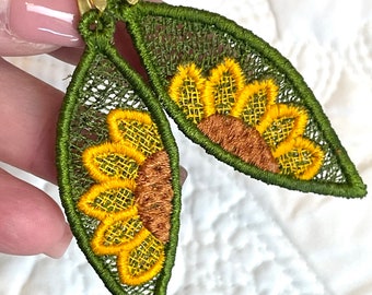 Sunflower Wedge FSL Earring Design - machine embroidery design file - freestanding lace