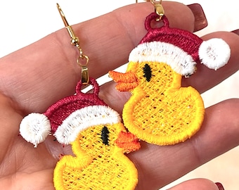 Rubber Ducky Christmas FSL Earrings - In the Hoop Freestanding Lace Earrings - machine embroidery design file - digital download file