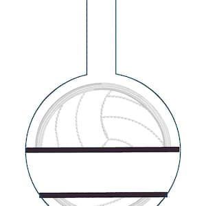 May include: A white volleyball with black lines is inside a circle with a black bar across the middle. The circle has a handle at the top.
