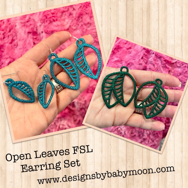 Open Leaves SET FSL Earrings -In the Hoop Freestanding Lace Earrings-Embroidery Machine File-Digital Download - In the Hoop Earring Design