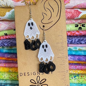 Boo Ghost Dangles FSL Earrings SET- In the Hoop Freestanding Lace Earrings - Embroidery Project - Digital Download for Machine Embroidery