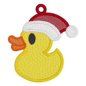May include: A yellow rubber duck wearing a red and white Santa hat with a white pom-pom. The duck has a black eye and an orange beak.