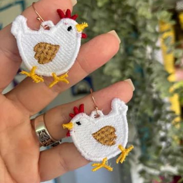 FSL Chicken Earrings - Freestanding Lace Earring Design - In the Hoop Embroidery Project - Digital Download for Machine Embroidery
