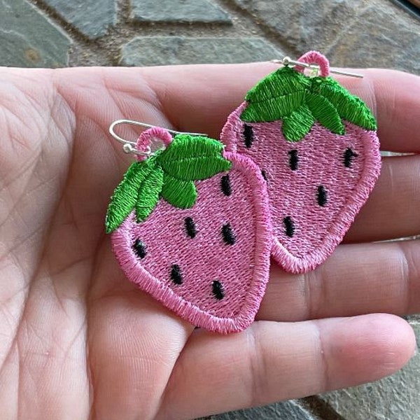 Strawberry Earrings - In the Hoop Freestanding Lace Earrings-Digital Download-FSL Earring in two sizes for Machine Embroidery - Design File