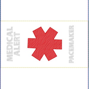 May include: White medical alert card with a red star of life symbol and the text "MEDICAL ALERT" on the left and "PACEMAKER" on the right.
