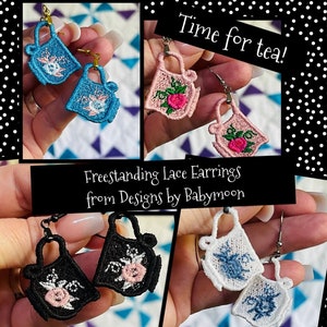 Peut inclure: Un ensemble de six boucles d'oreilles en dentelle autoportantes en forme de tasses à thé. Les boucles d'oreilles sont de différentes couleurs, notamment bleu, rose, noir et blanc. Les boucles d'oreilles sont décorées de motifs floraux. Le texte "Time for tea!" est écrit en lettres blanches sur un fond noir avec des pois blancs. Le texte "Freestanding Lace Earrings from Designs by Babymoon" est écrit en lettres blanches sur un fond noir.