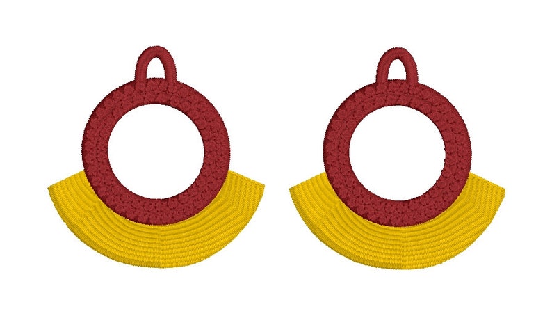 May include: A pair of earrings with a red circle and a yellow crescent shape. The earrings are made of a textured material.