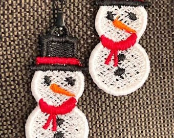 Snowman FSL Earrings - In the Hoop Freestanding Lace Earrings - digital download - machine embroidery design file project - fsl