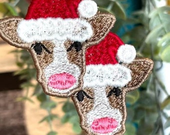 Pretty Cow with Santa Hat Christmas FSL Earrings - In the Hoop Freestanding Lace Earrings Digital Download - Machine Embroidery Design File