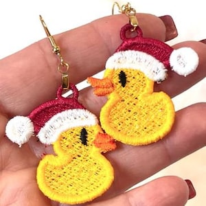 Rubber Ducky Christmas Earrings: FSL Machine Embroidery Design (Digital Download)