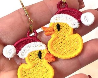 Rubber Ducky Christmas FSL Earrings - In the Hoop Freestanding Lace Earrings-Digital Download - Machine Embroidery Design-Embroidery Pattern