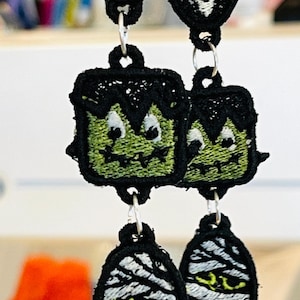 Monster Mash FSL Earrings- In the Hoop Freestanding Lace Earrings - In the Hoop Embroidery Project-Machine Embroidery Design-Halloween FSL