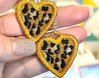 Leopard Cheetah Print Heart Earrings- In the Hoop Freestanding Lace  Machine Embroidery Design - Digital Download - In the Hoop  ITH