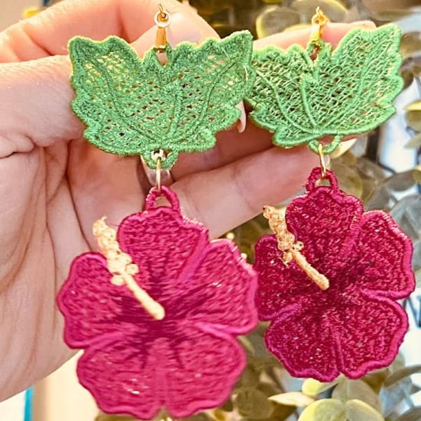 Pendientes colgantes de hibisco con hojas de FSL: Encaje independiente (Descarga digital)